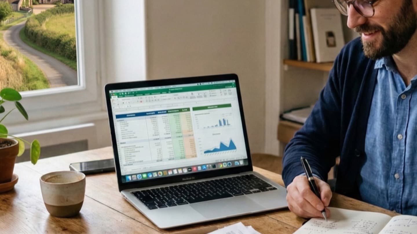 Indépendant triant ses factures et reçus devant un tableau de suivi comptable