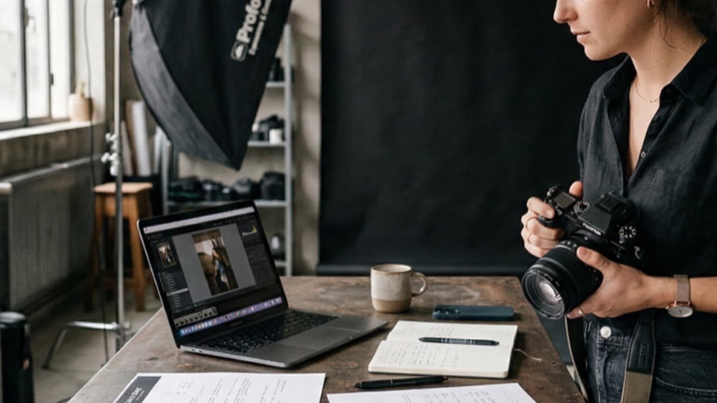 Photographe freelance préparant devis et planning de séance dans son studio