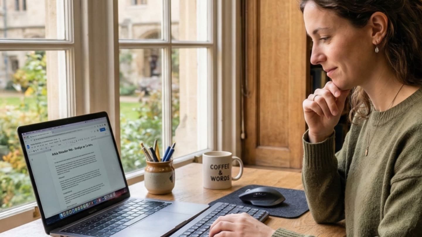 Rédactrice web freelance travaillant sur un article depuis une table près d'une fenêtre