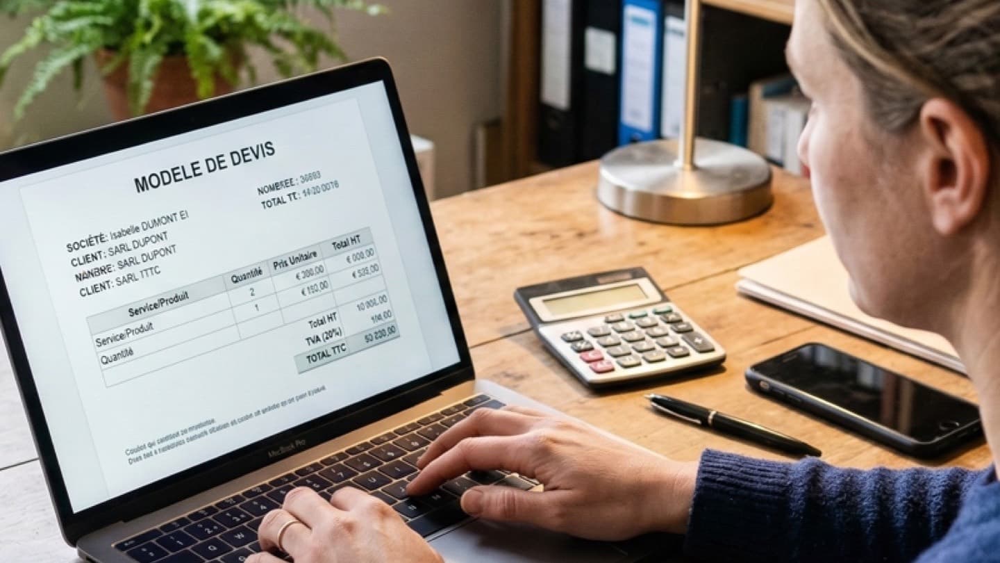 Modèle de devis affiché sur un ordinateur portable avec bloc-notes et calculatrice